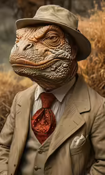an animal with a suit and tie wearing a hat
