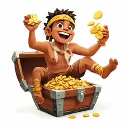 an indian cartoon character sitting in a chest filled with gold coins