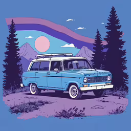 a car with a surfboard on top parked by some trees,an old blue car sitting in the middle of trees