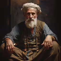 a old man with a beard and a turban sitting in a meditation position