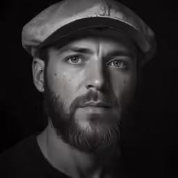 a black and white photo of a man in a hat