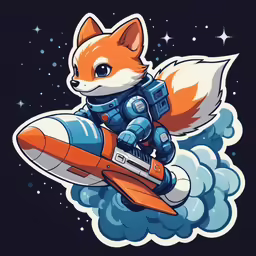 a fox in a rocket riding an orange rocket with the background of stars