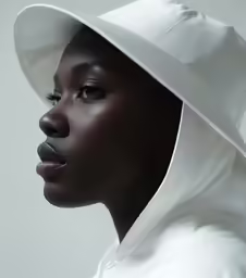 an african american girl is wearing a white hat