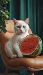 a white cat sitting on a chair with a slice of watermelon