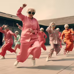 some older women in bright colored outfits and white hair,some older people are dancing in bright pink and orange