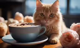 there is a cat that is sitting at the table drinking out of the cup