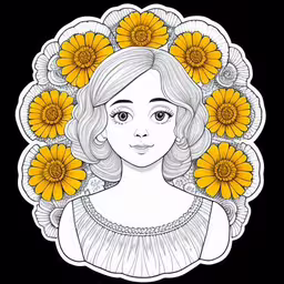 a girl with long hair in front of sunflowers,a drawing of a woman with yellow flowers around her head