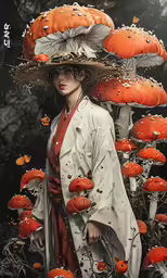 an image of woman with hats on in front of many pumpkins