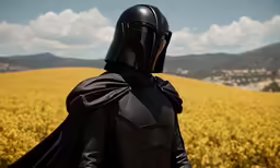 star wars character in black outfit looking out at a field