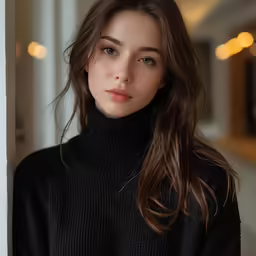 a woman in black sweater posing next to light