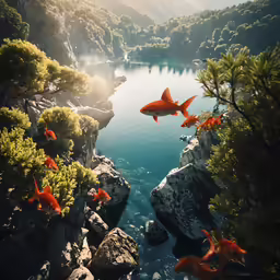 a group of orange fish swimming in a lake