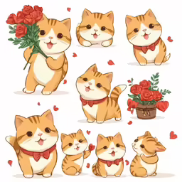cute cat character with different poses and flowers