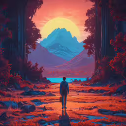 the man is walking towards the lake with red trees,a man that is standing in the dirt
