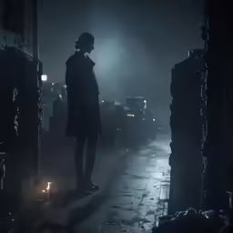 a man stands in the dark, surrounded by piles of garbage