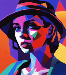 a woman with blue eyes and hat in bright colored art,an abstract painting of a woman in a hat