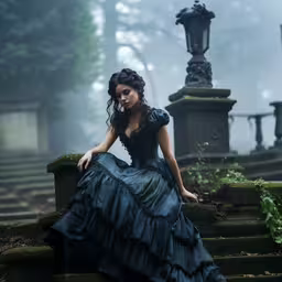 a woman in a dress is sitting on the steps,a girl in a dress sitting on some stairs