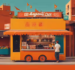 an orange ice cream cart is sitting by the street,a man standing by a cart selling some food