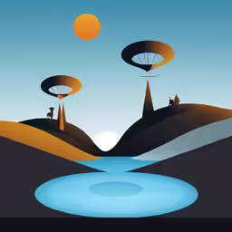 a painting of three people flying kites