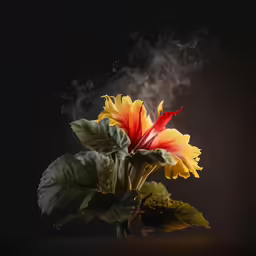 a bright red and yellow flower with smoke rising out of it