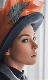 a close up of a woman with an orange hat