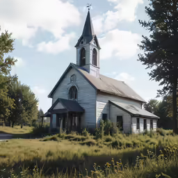 a church in the middle of a field with some flowers