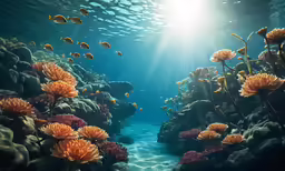 a group of fish swimming by a bunch of coral