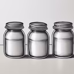 three jars sit on a table with one empty