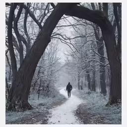 a person walking down a snowy path with trees