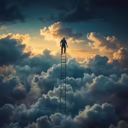 man on a ladder reaching to the top of clouds