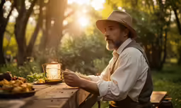 a man sitting at a table with a small lantern in his hands