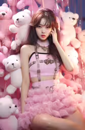 a girl posing in front of a pink dress with teddy bears,a young woman standing in front of lots of teddy bears