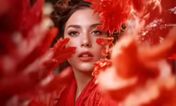 a woman with red flowers and hair blowing in the wind