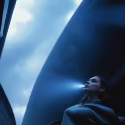 a woman with a light up nose looking up into the sky