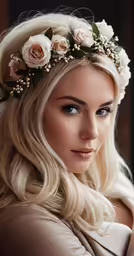 the woman has long hair with flowers in her head