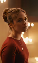 woman standing in front of a mirror with lights in background