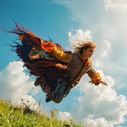the woman is flying through the air on her feet