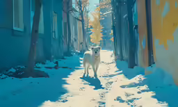dog on snow covered road with house and trees