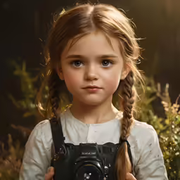 a little girl with braids holds a camera