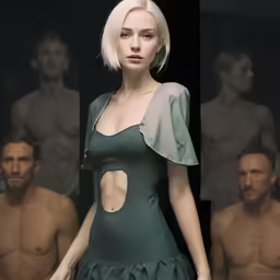 a very attractive blond posing with men behind her