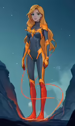 a female superhero with long blonde hair and yellow boots