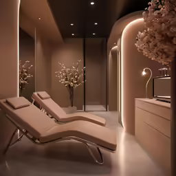 the salon has two chairs with flowers and decorative items