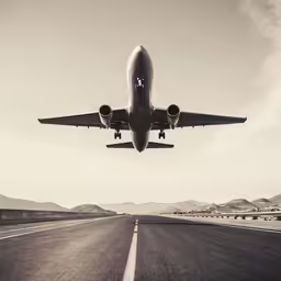an airplane flying over the ground on a runway