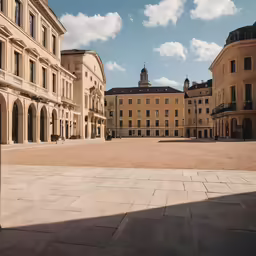 a large stone courtyard is empty with multiple buildings
