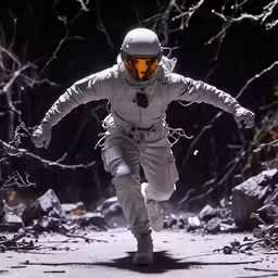 a person in a space suit running through the air