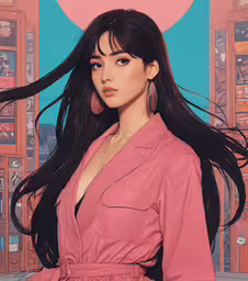 a cartoon girl with long dark hair with large earrings,an animated image of a woman in pink wearing long hair