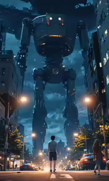people on the side walk with giant robot in the background
