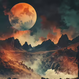 some mountains with some clouds and a large red moon