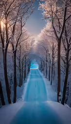 a road in the snow with lots of trees lining it