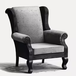 an old wingback chair with dark wood and fabric on the back