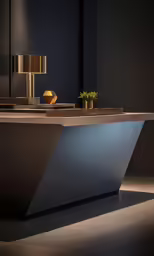 a kitchen counter in front of a table with a vase